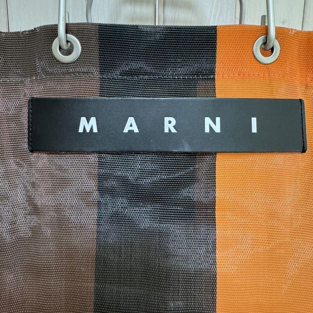 即発 MARNI MARKET ストライプバッグ ロゴ オレンジ メッシュ MARNIマルニマーケットストライプ メッシュトートバッグマルチ