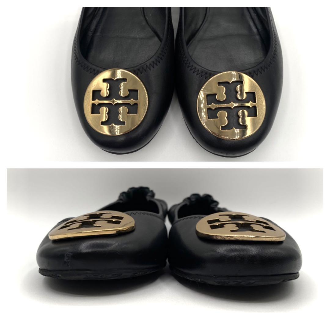 美品　TORY BURCH フラットシューズ　ブラック　レザー　ロゴ　24.5㎝