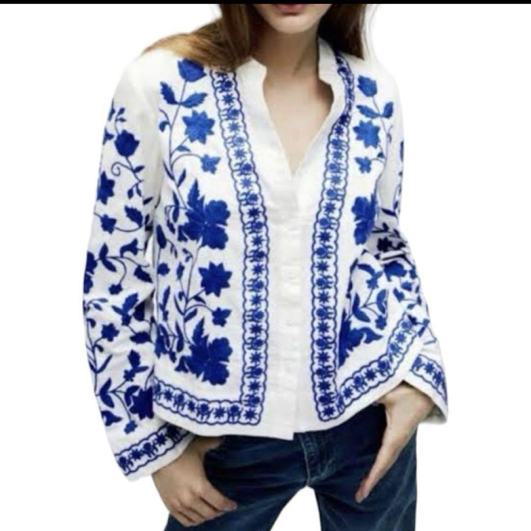 新品 タグ付き ZARA ザラ 刺繍入り ノーカラージャケット リネン