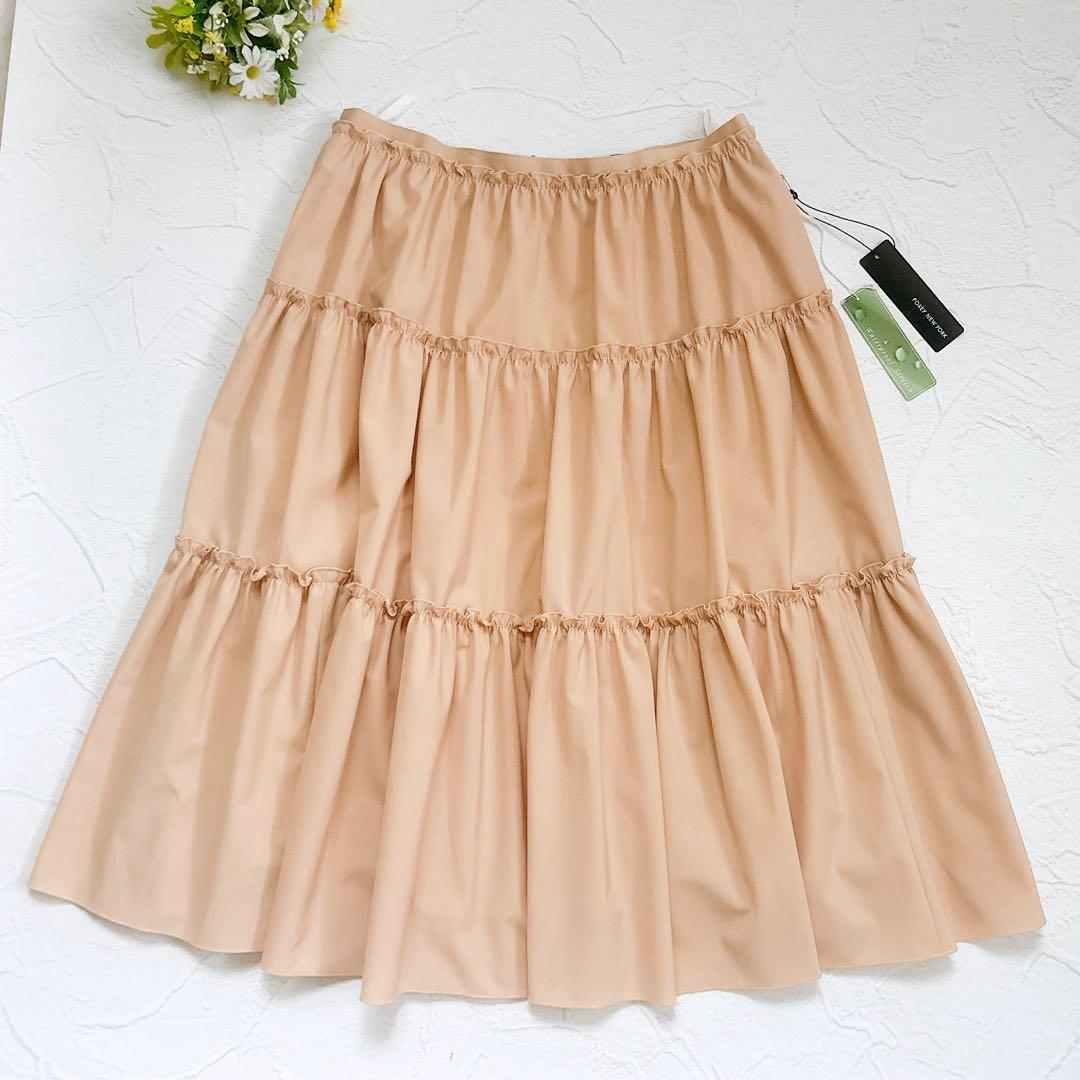 《新品》FOXEY ティアード スカート 撥水加工 ベージュ 大きいサイズ L
