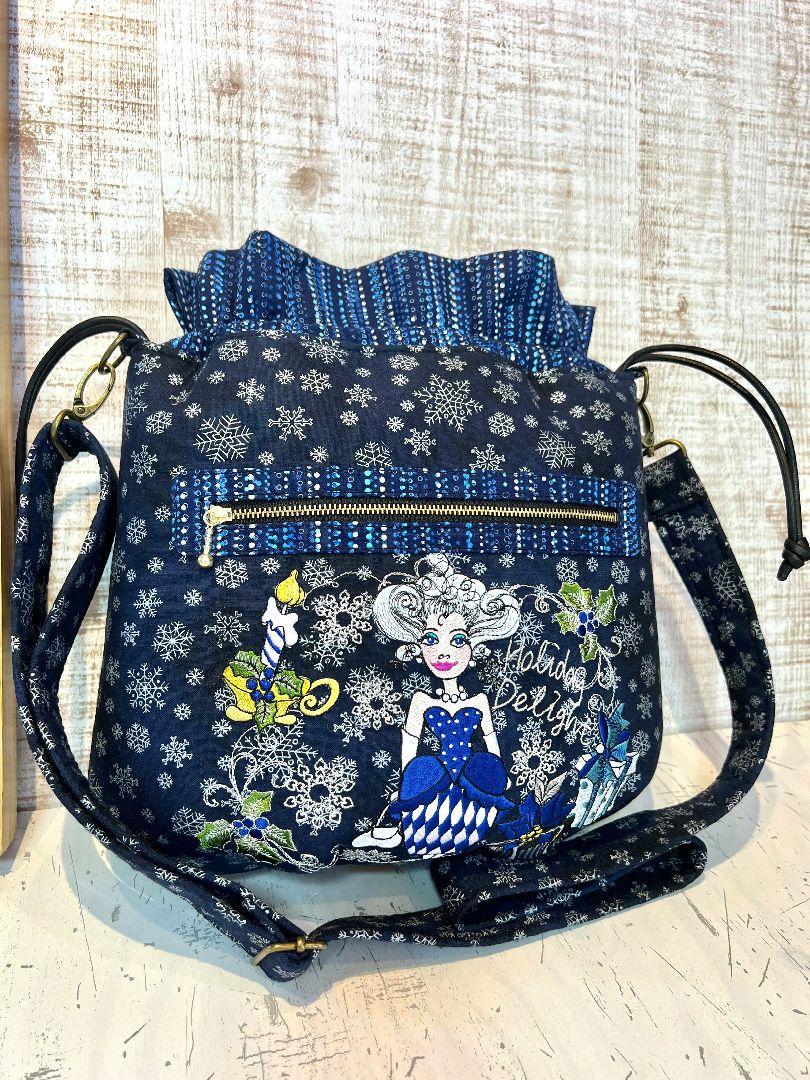 ロラライハリス♡usaコットン♡刺繍のパンプキン巾着ショルダーバッグ♡ ロラライハリス♡usaコットン♡刺繍のパンプキン巾着ショルダー
