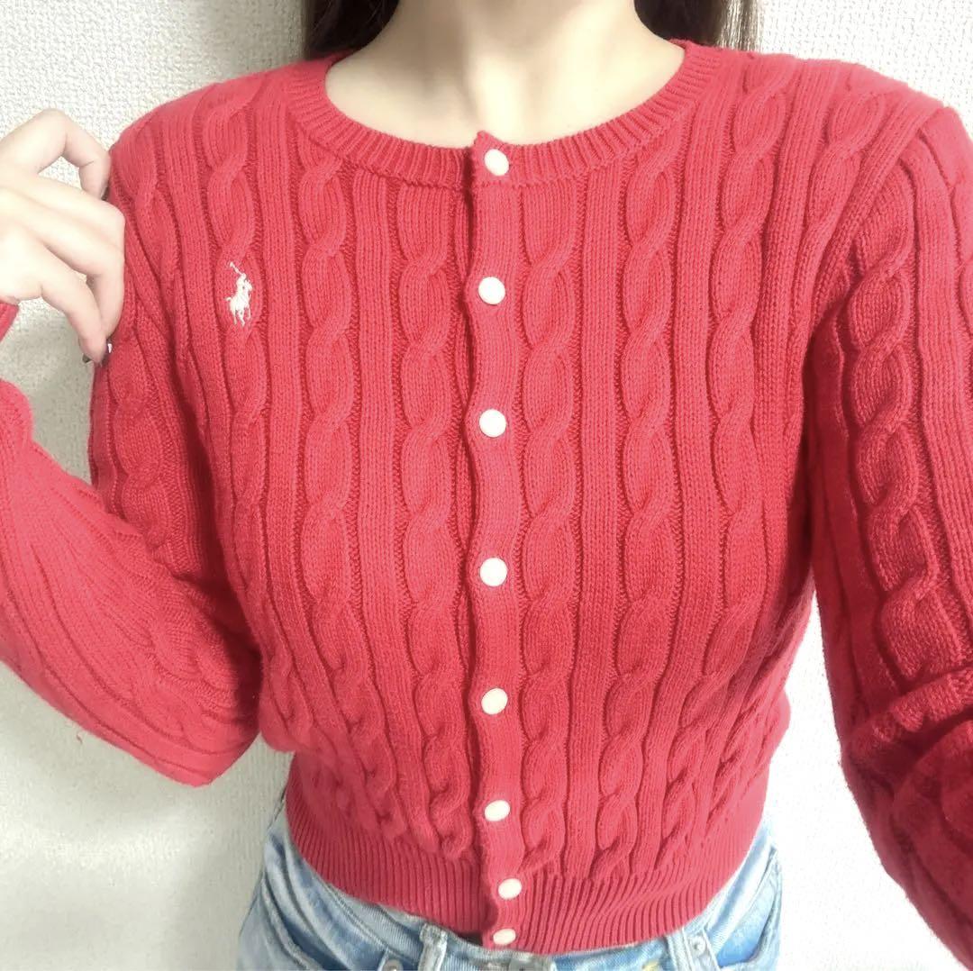 韓国で大人気♡ラルフローレン　ワンポイント刺繍コットンカーディガン 赤 レッド
