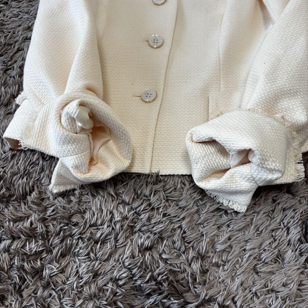 Harrods✨未使用級　ノーカラーツイードジャケット　フリンジ　アイボリー M