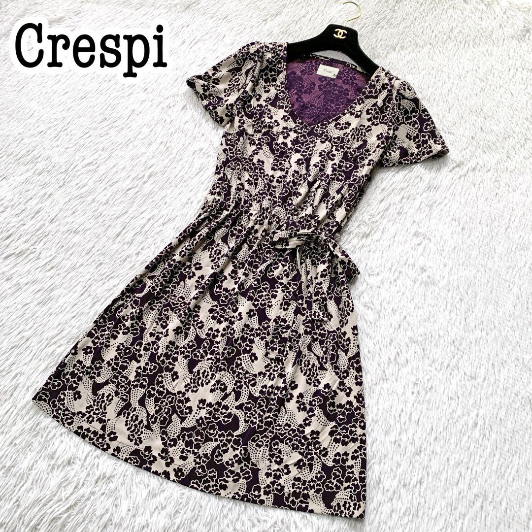 【美品】Crespi 深Vネック花柄ワンピース ウエストリボン 半袖
