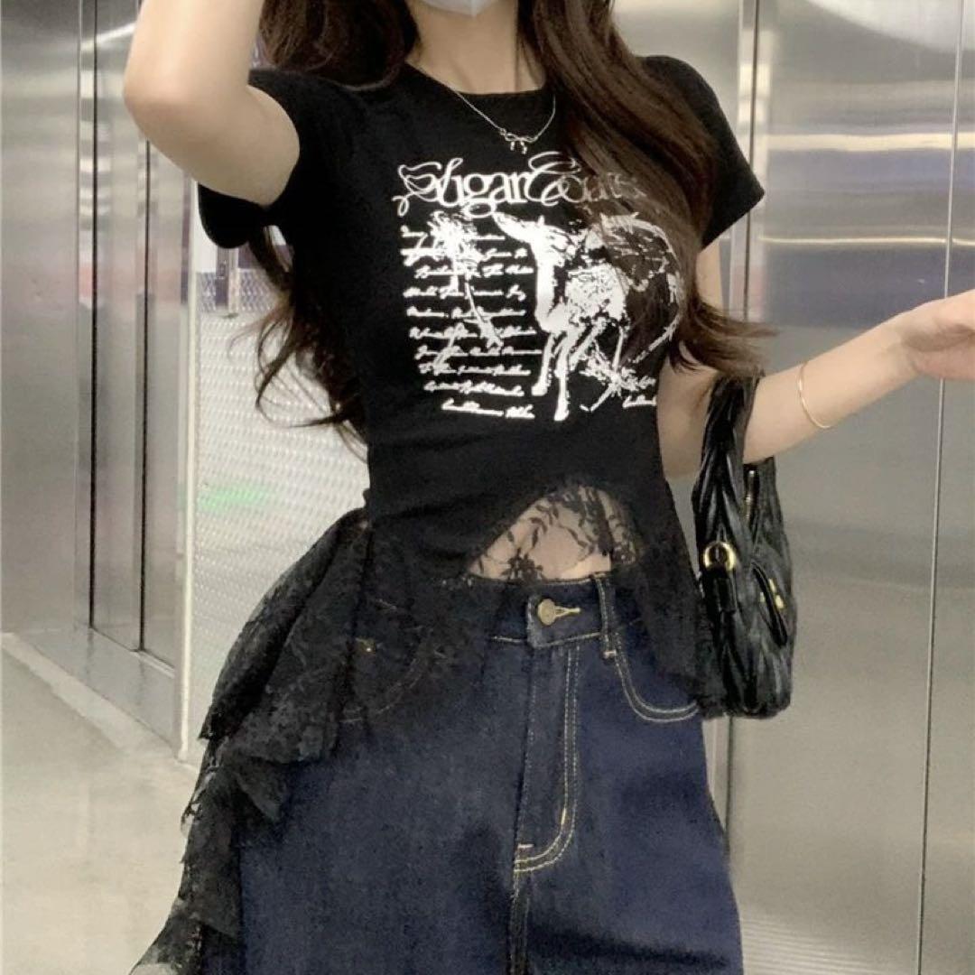 Y2K⭐️平成ギャル フェアリーコア グランジ レース Tシャツ