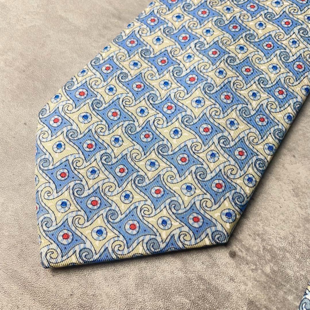 お礼や感謝伝えるプチギフト 美品 HERMES エルメス ドット柄 格子柄 謎柄 ネクタイ 水色 小物