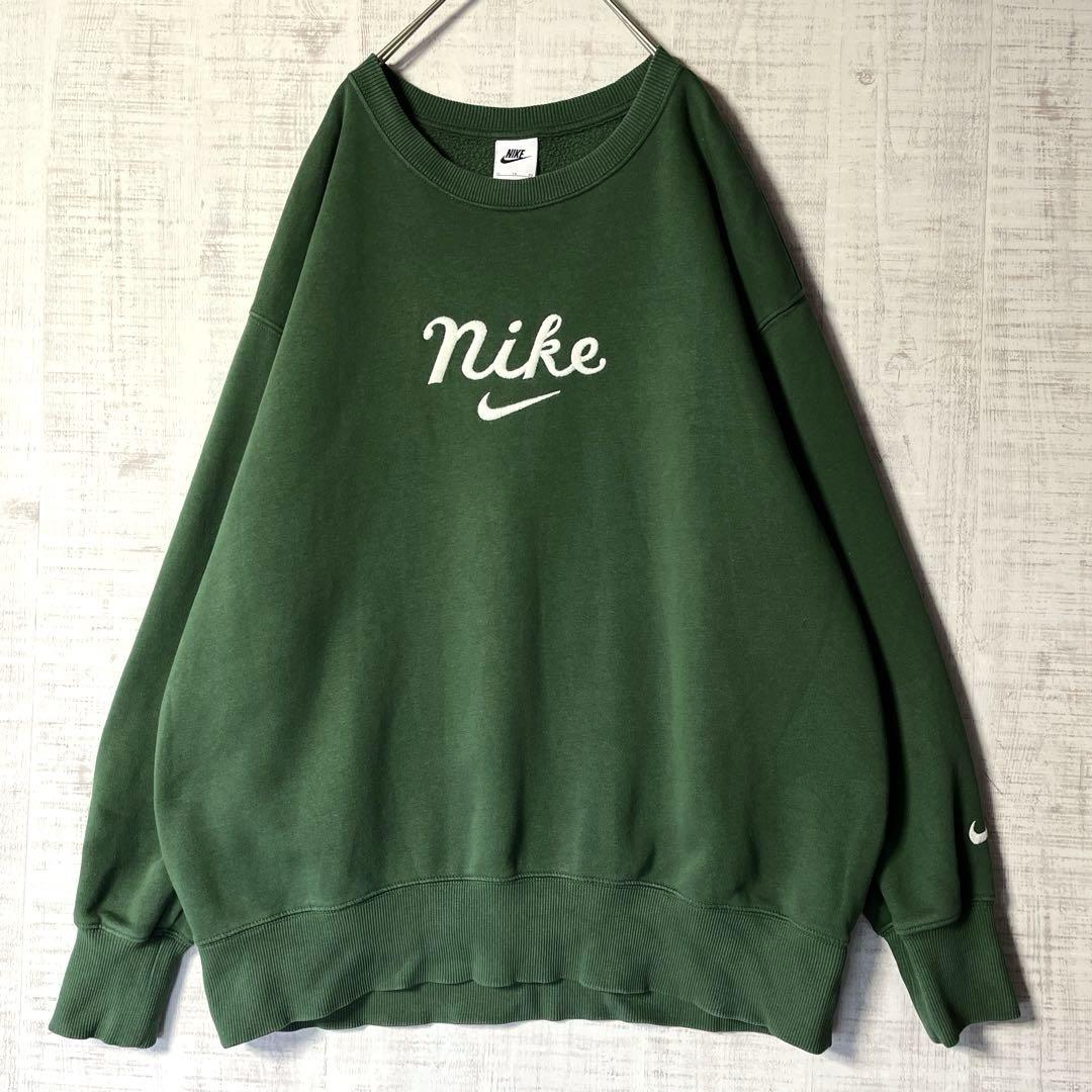 NIKE ナイキ 筆記体ロゴ刺繍 スウェット トレーナー グリーン 緑 XL