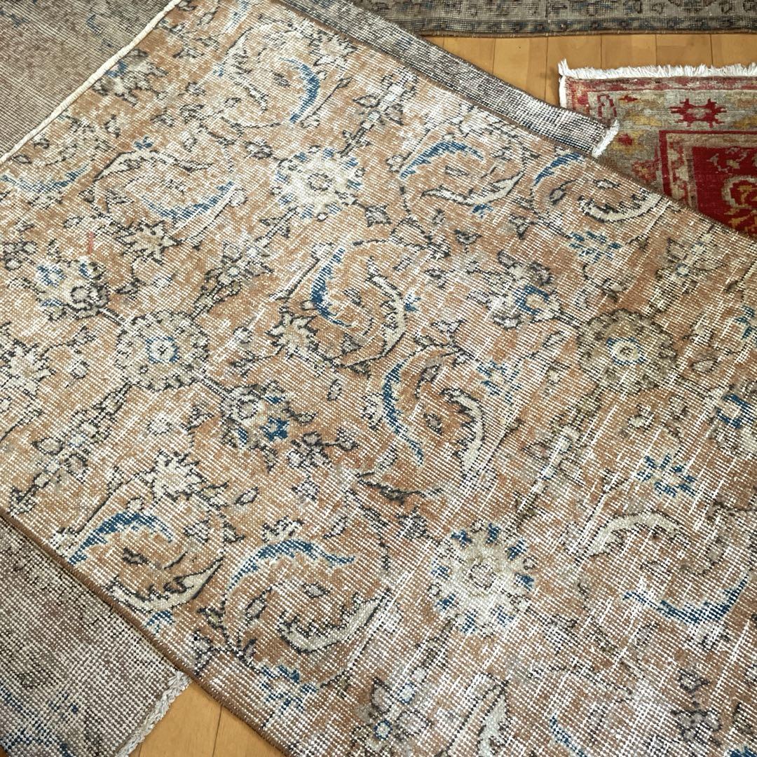 80×204 ペールオレンジ×ブルー　ボタニカル　トルコヴィンテージラグ