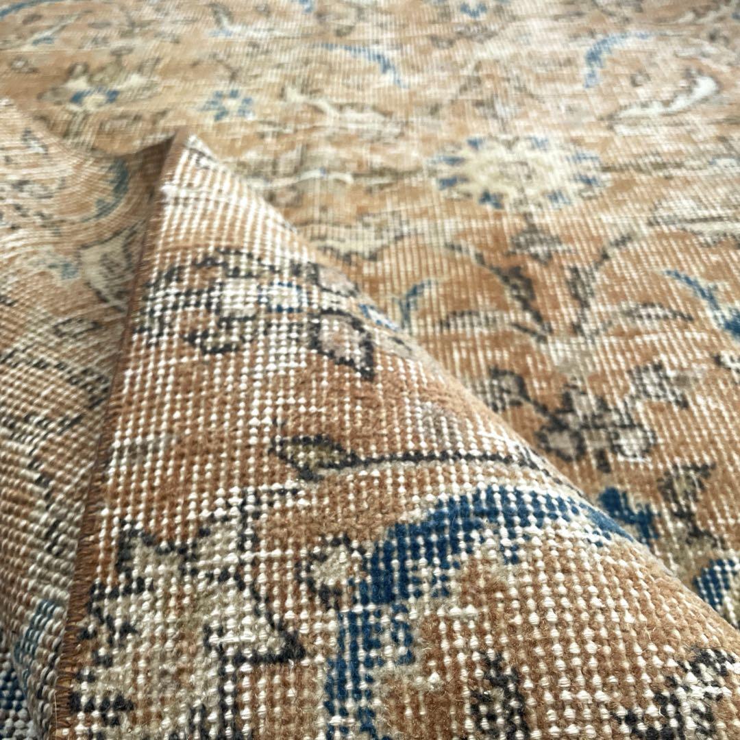 80×204 ペールオレンジ×ブルー　ボタニカル　トルコヴィンテージラグ