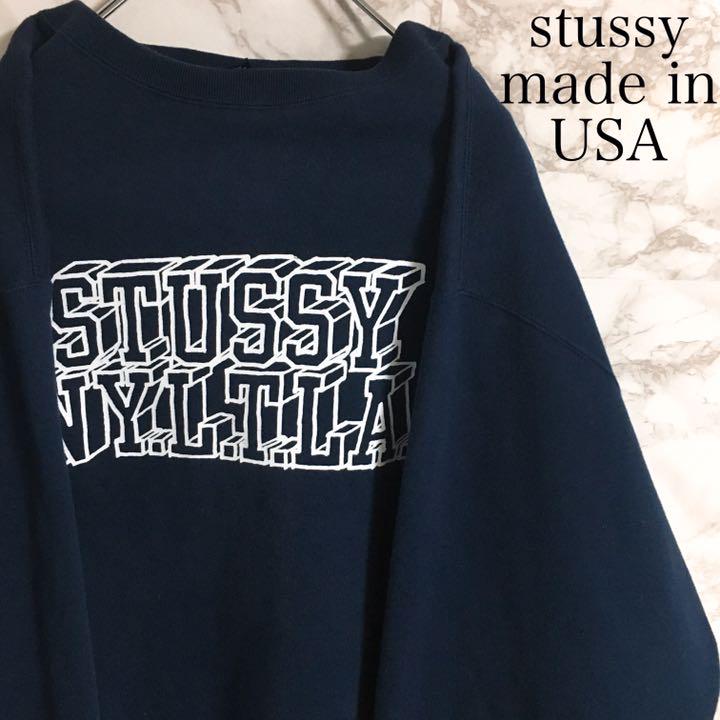 【USA製】オールドステューシー ビックロゴ スウェット 裏起毛 ネイビー L