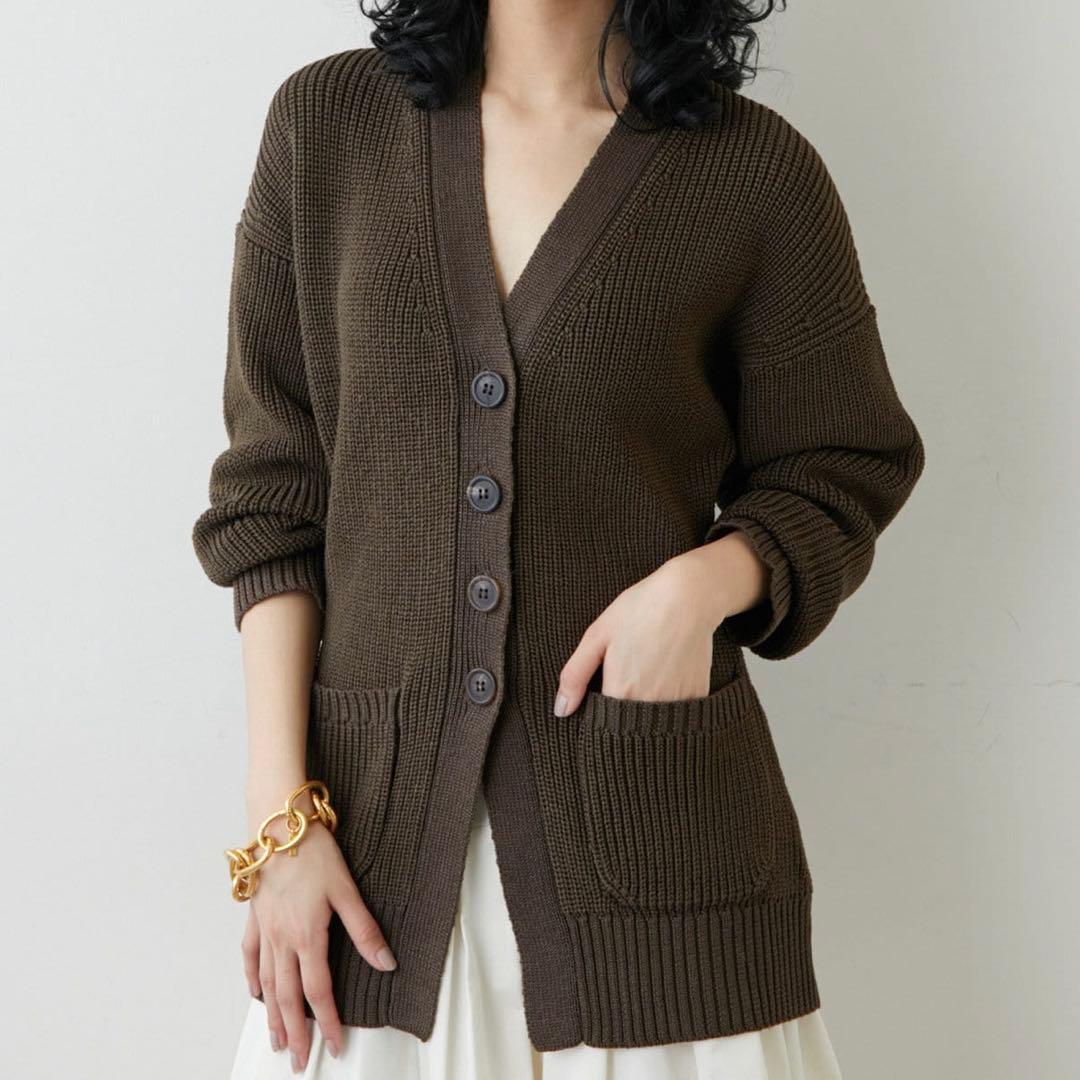 極美品 ウィムガゼット 近年モデル リネン片畦カーディガン ダークブラウン