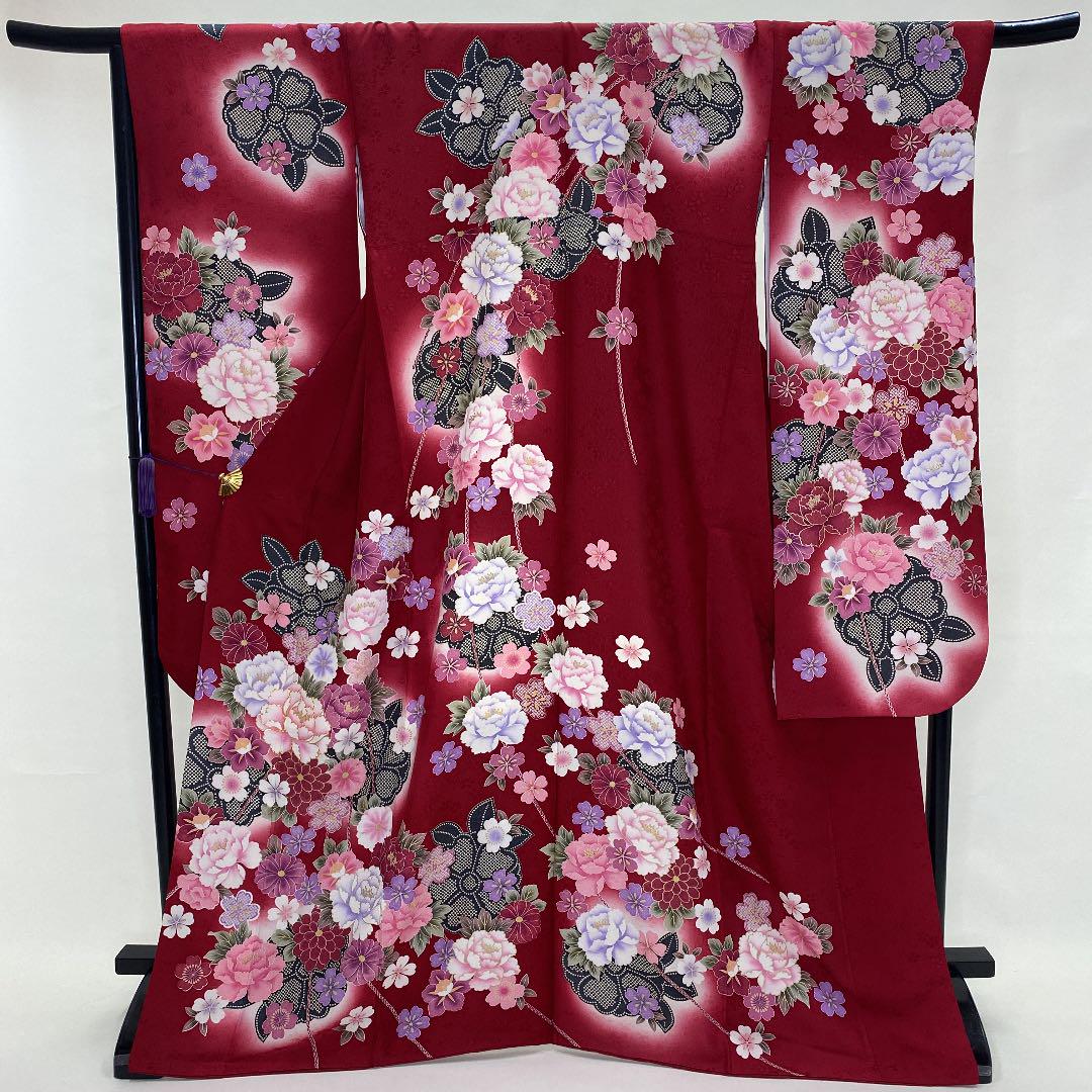 3450円 評価 振袖 成人式 赤 花柄 絞り柄 正絹 裄70.5cm 単品 ab-25