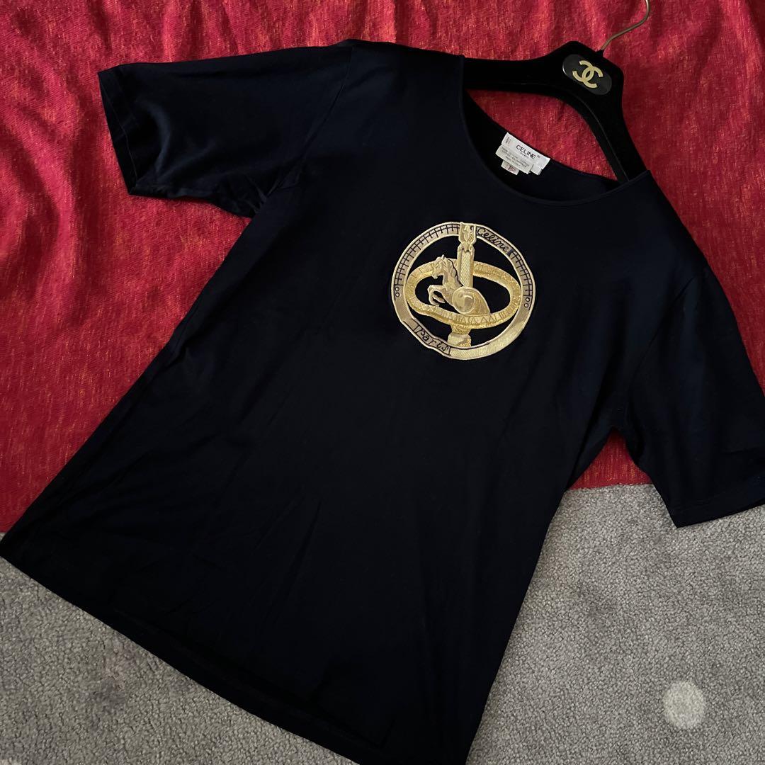CELINE PARIS セリーヌ　半袖Tシャツ 馬車ロゴ刺繍 紺×金　正規　M