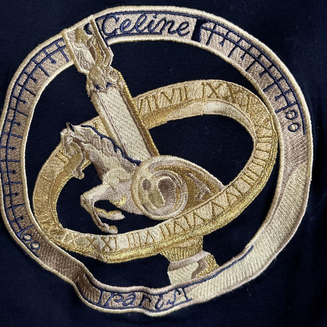 CELINE PARIS セリーヌ　半袖Tシャツ 馬車ロゴ刺繍 紺×金　正規　M