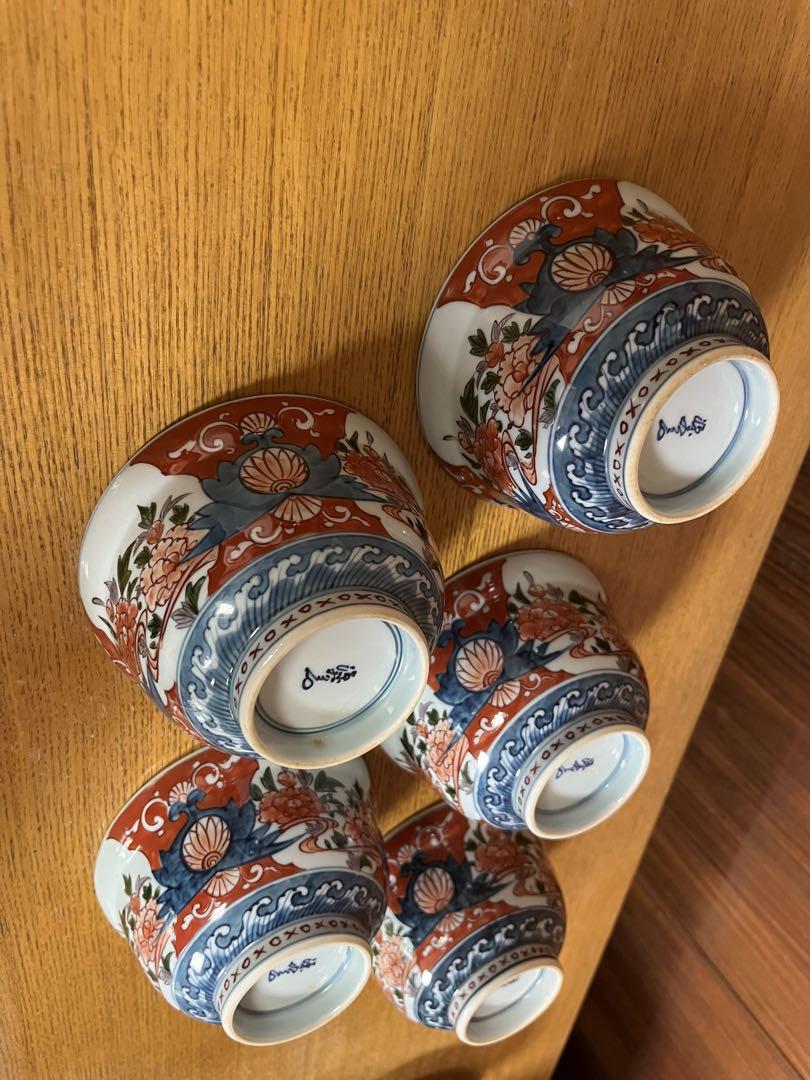 源右衛門　伊万里風　牡丹絵　蓋茶碗　5つ
