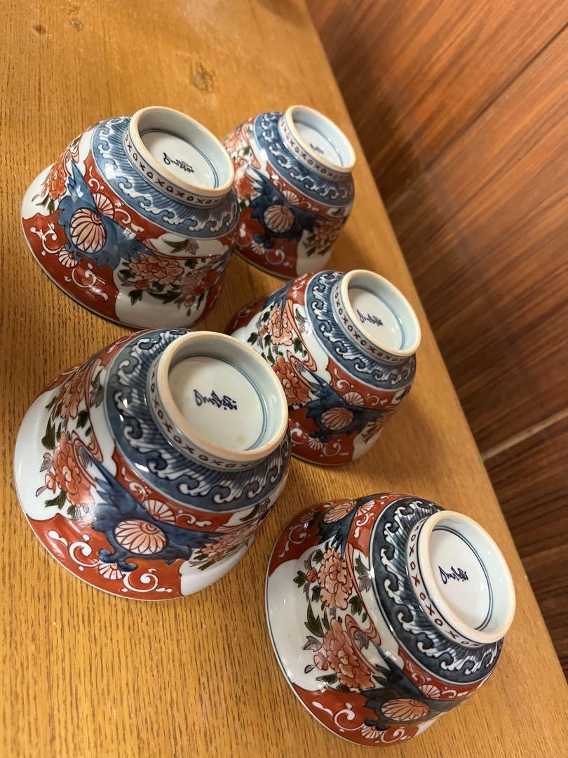 源右衛門　伊万里風　牡丹絵　蓋茶碗　5つ