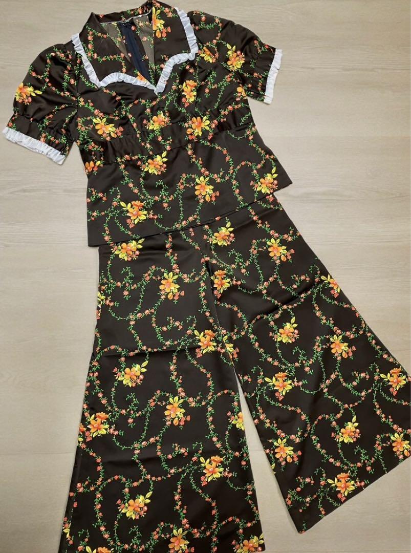 vintage セットアップ ブラウス ワイドパンツ 花柄 パフスリーブ レース
