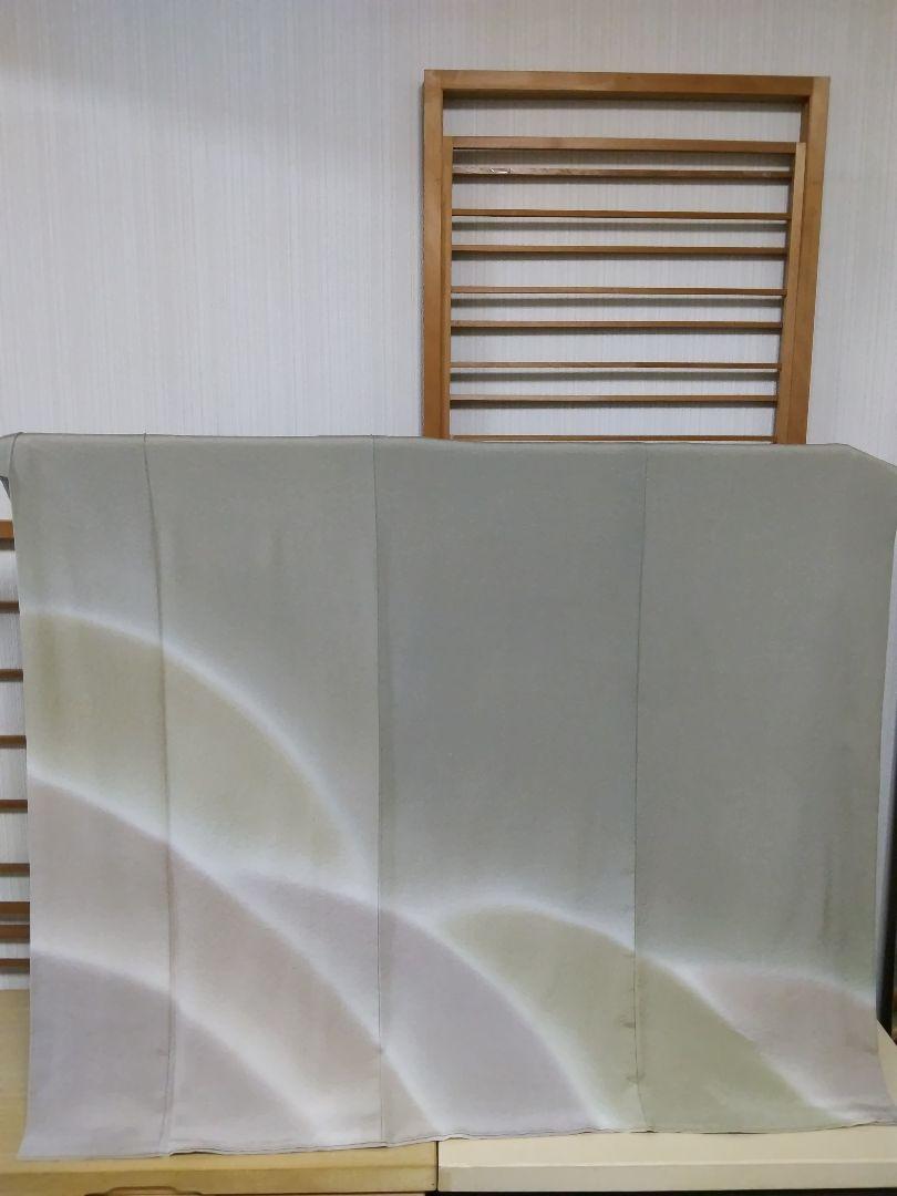 訪問着 未使用 友禅ぼかし グレー系薄緑 袷 波 正絹 共八掛 美品