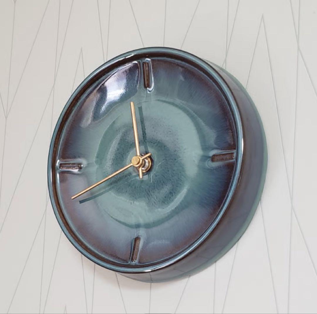 SUGY 焼物　時計　陶磁器　GLAZED CLOCK 青なまこ釉