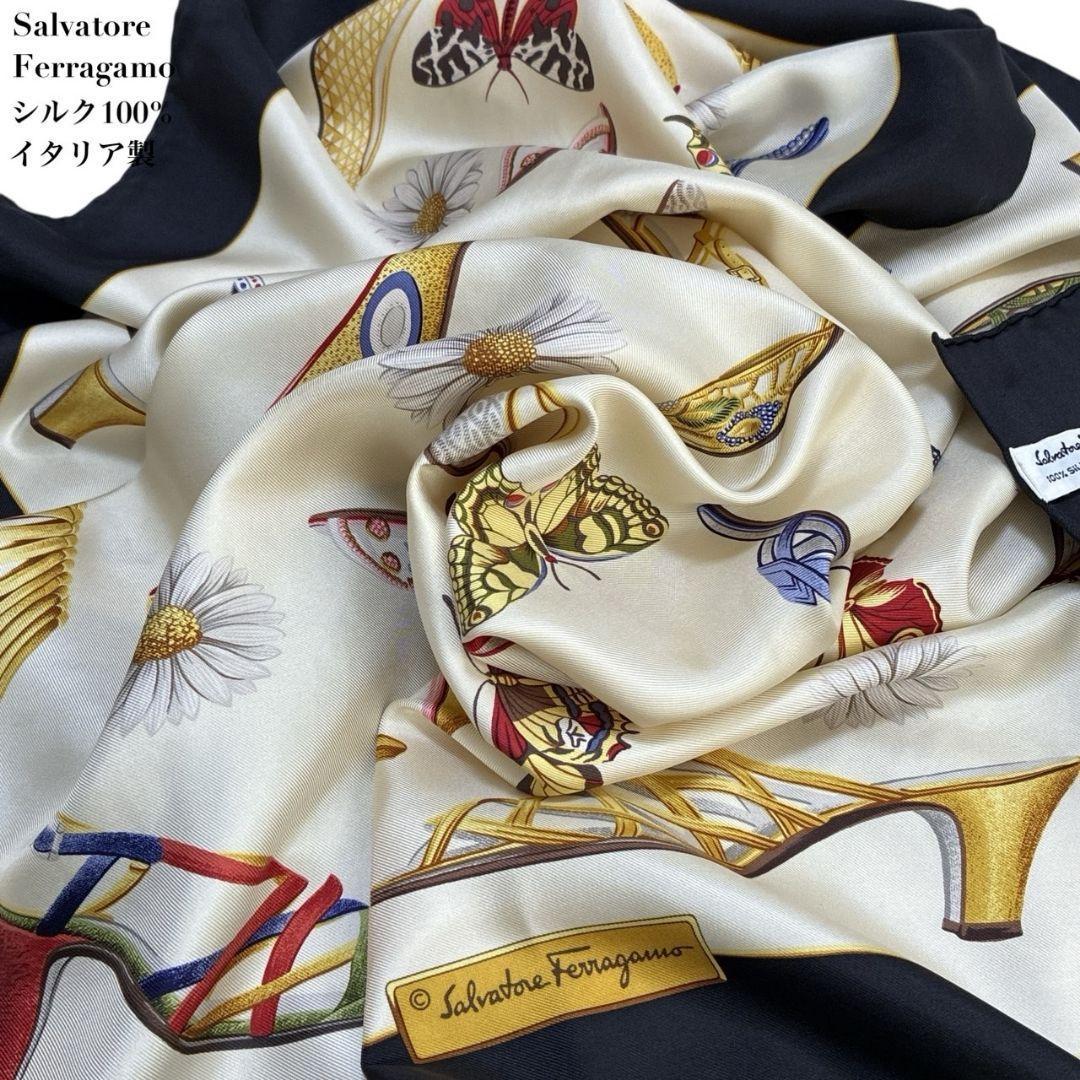 【美品】フェラガモ シルク100% 花柄 イタリア製 大判ストール スカーフ 極美品】フェラガモ シルク イタリア製 パンプス 靴柄 大判