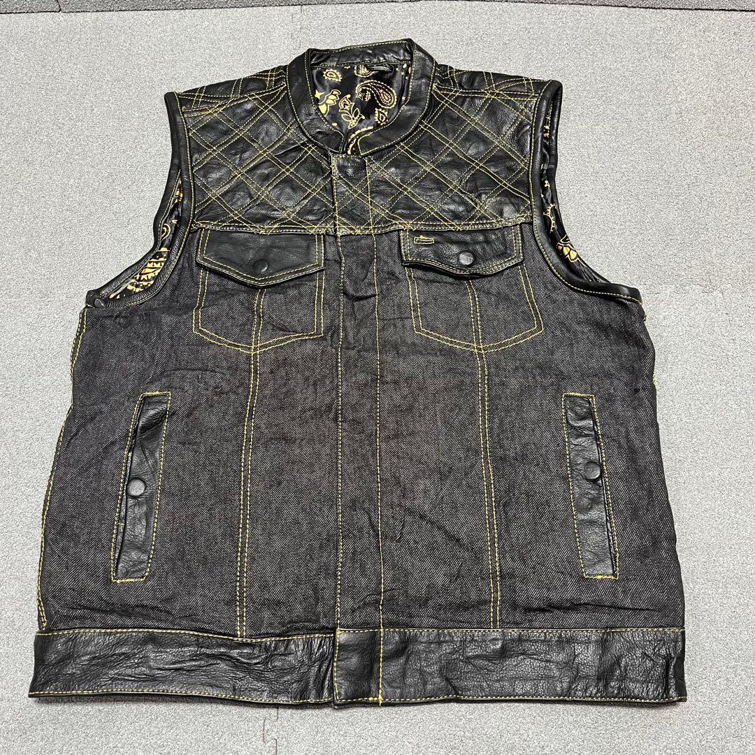 166 UNIKデニム×レザー切替 菱形キルト 総柄裏地 L 黒×黄ステッチL UNIK