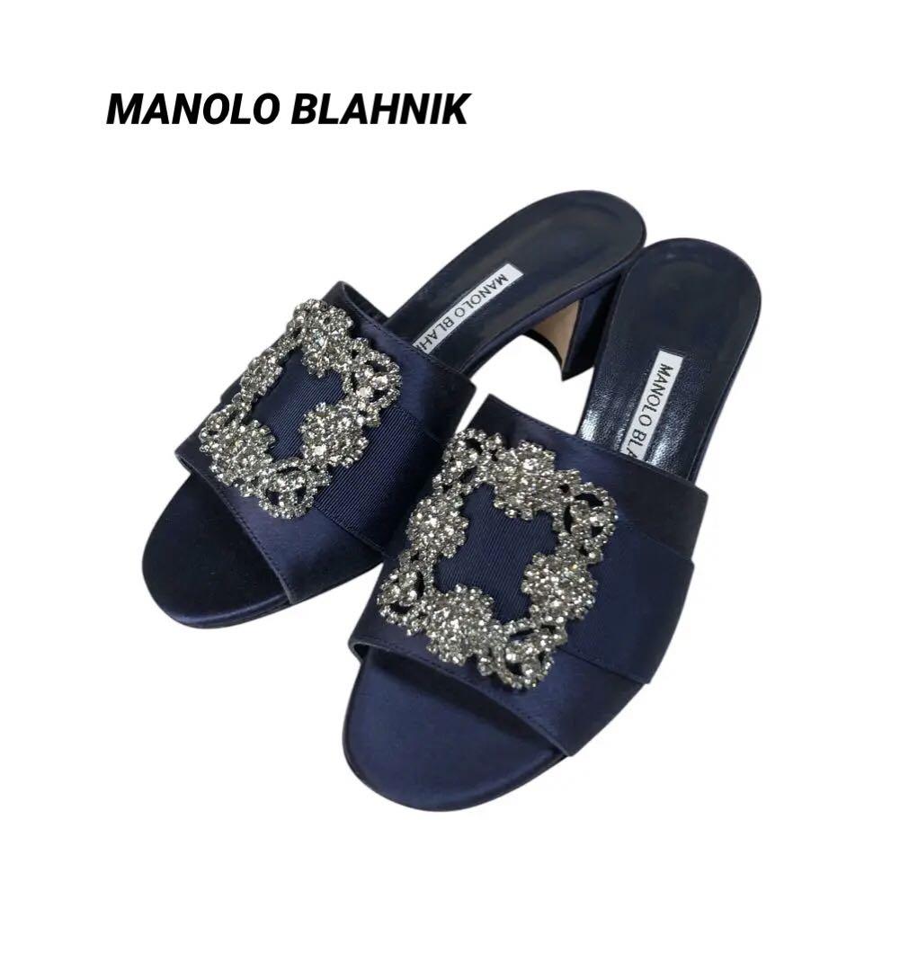 ✨ほぼ新品✨MANOLO BLAHNIK✨ハンギシ✨サンダル✨サテン✨NAVY