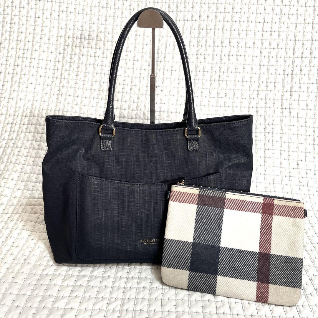 美品 ブルーレーベル クレストブリッジ トートバッグ ポーチ付 ネイビー A4