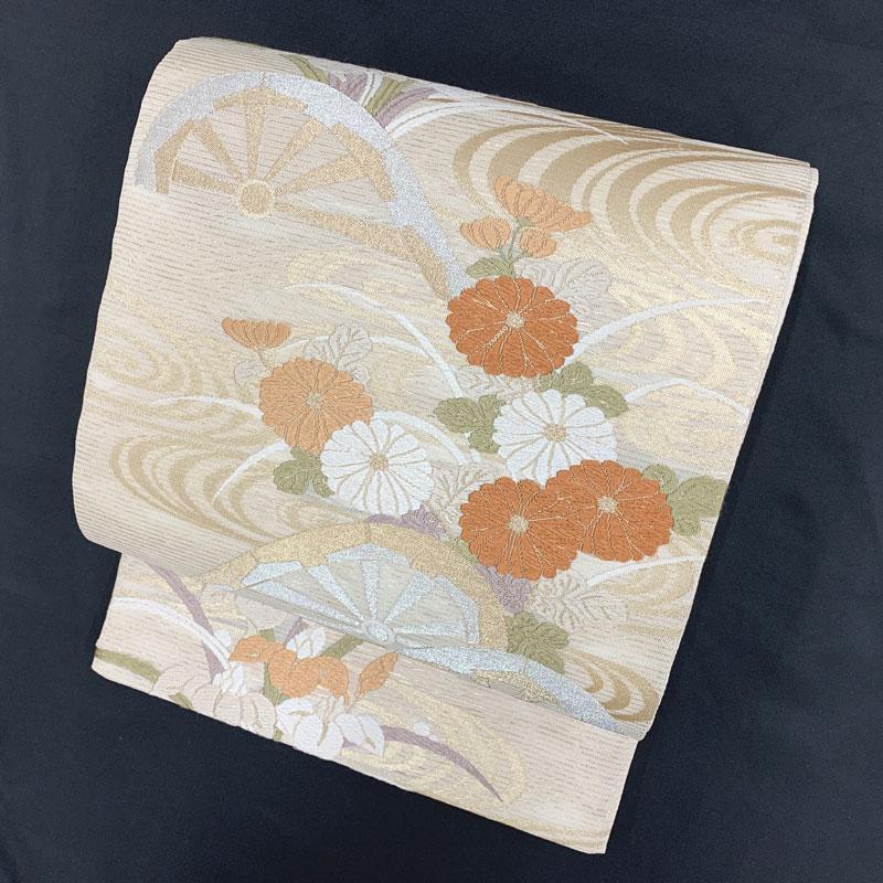 ◇505my67◇夏帯 唐織 観世水 源氏車 菊 菖蒲 絽 金糸六通 袋帯◇美品 ◇505my67◇夏帯 唐織 観世水 源氏車 菊 菖蒲 絽 金糸六通 袋帯