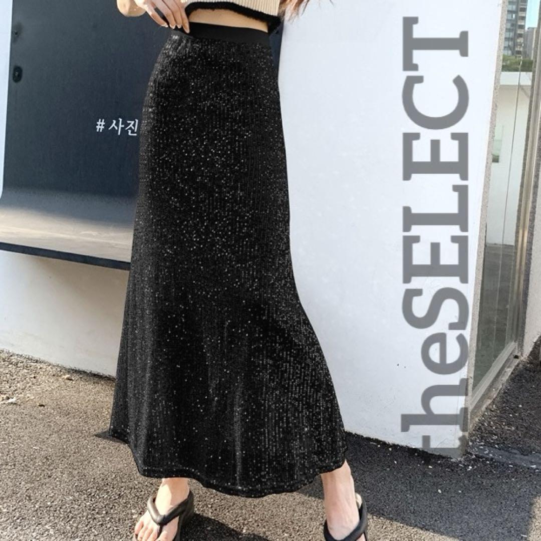 韓国 服 レディース スカート 黒 スパンコール シアー ロングスカート タイト