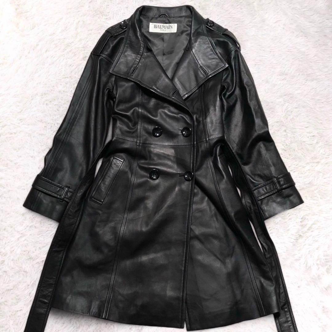高級 BALMAIN ロングレザーコート ラムレザー ベルト付き Aライン