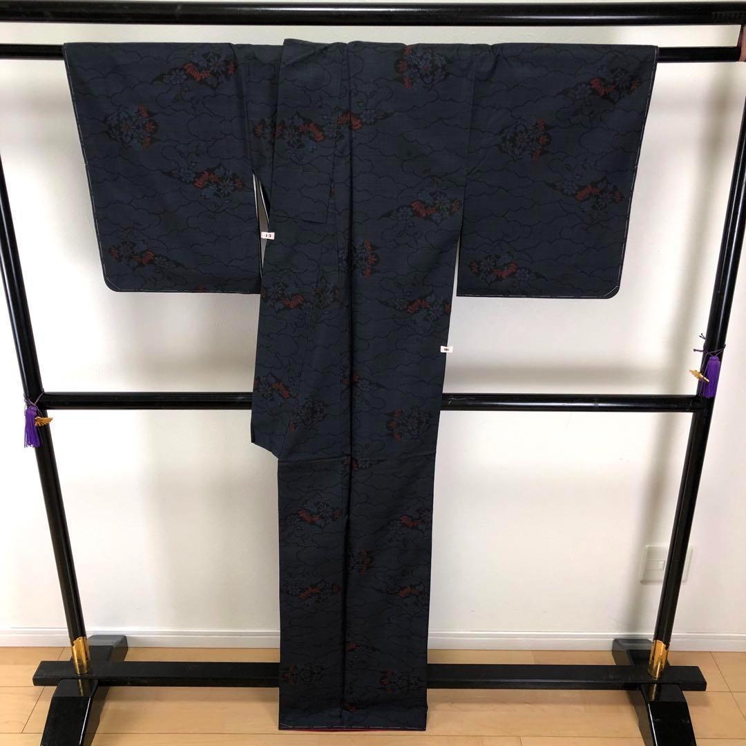 SK-005 大島紬 藍泥染 残布 証紙付 袷 一元式 裾袖躾糸付き