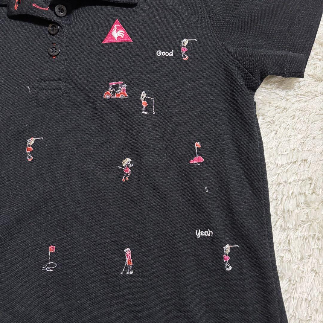 美品】le coq sportif 黒ピンク 刺繍 L ゴルフ 半袖ポロシャツ
