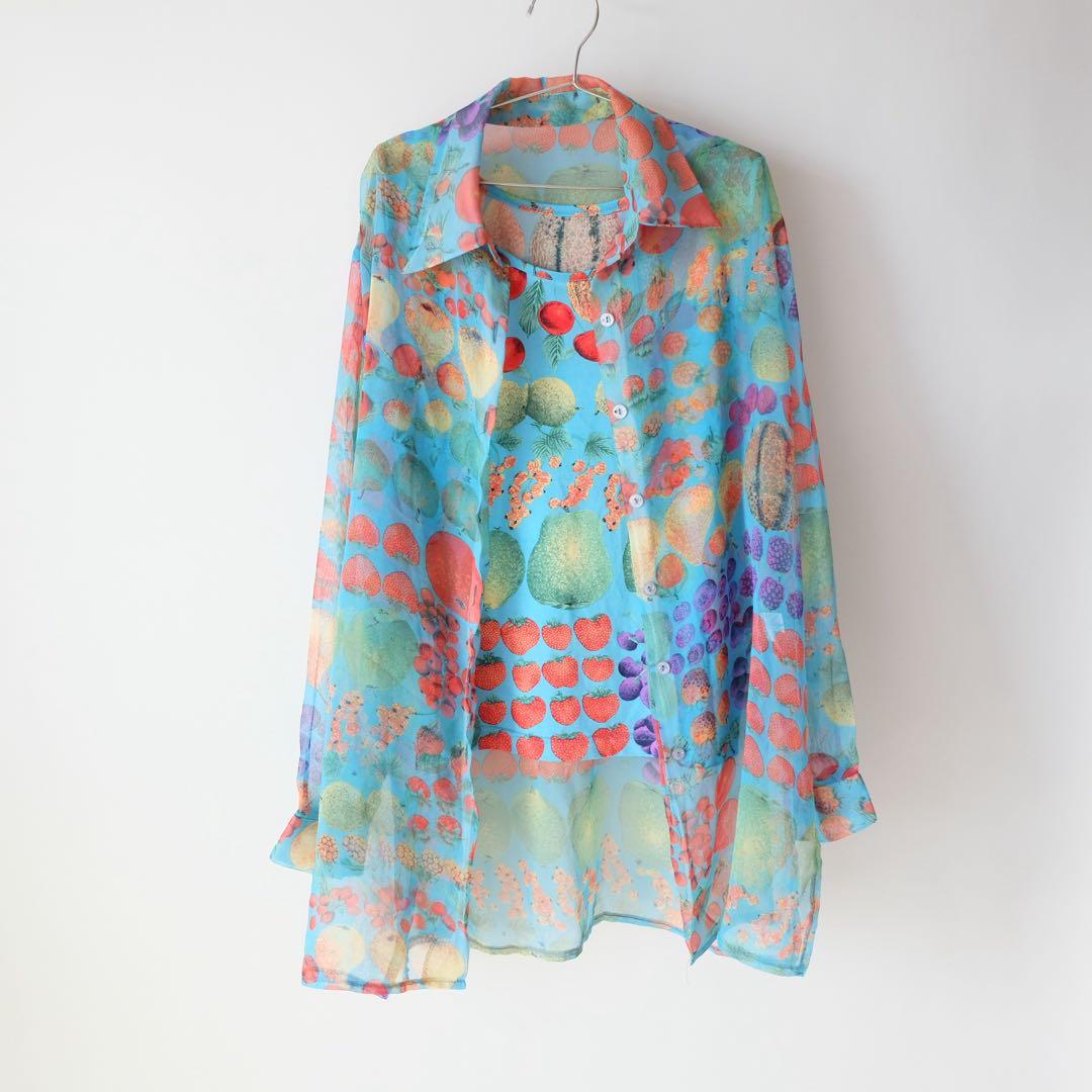 USED 古着 フルーツ 果物 いっぱい 総柄 ノースリーブ シアーブラウス