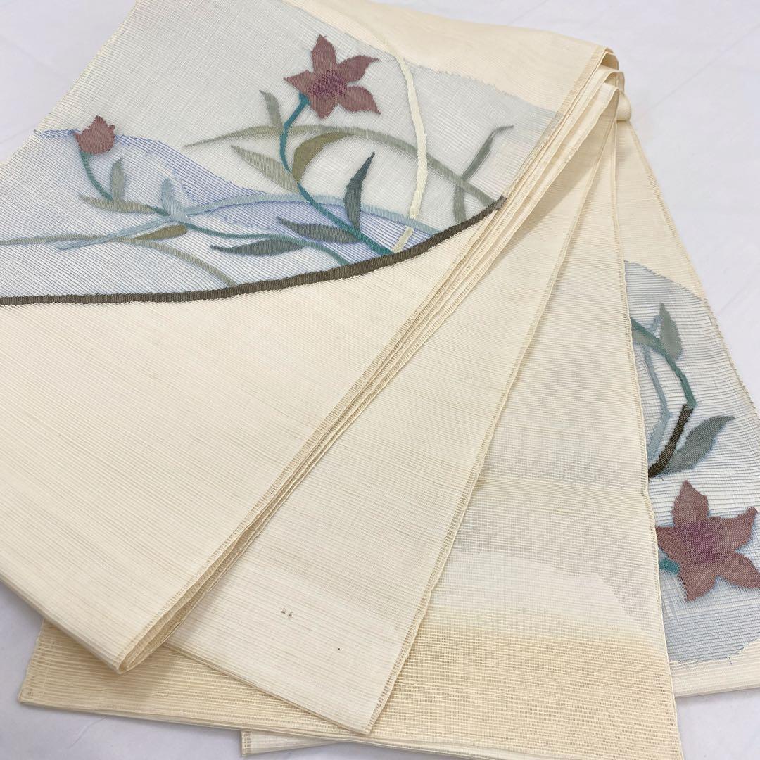 O0409 美品 単衣 夏物 紗紬 すくい織 上品 袋帯 白地 正絹