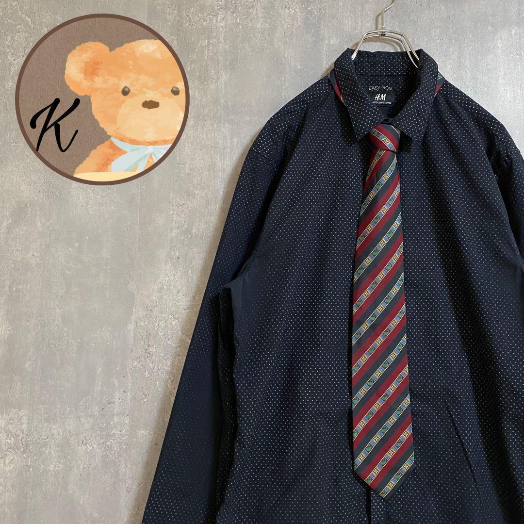 【雰囲気◎】メンズ 長袖 シャツ ドット　L 黒 イブサンローラン ネクタイ