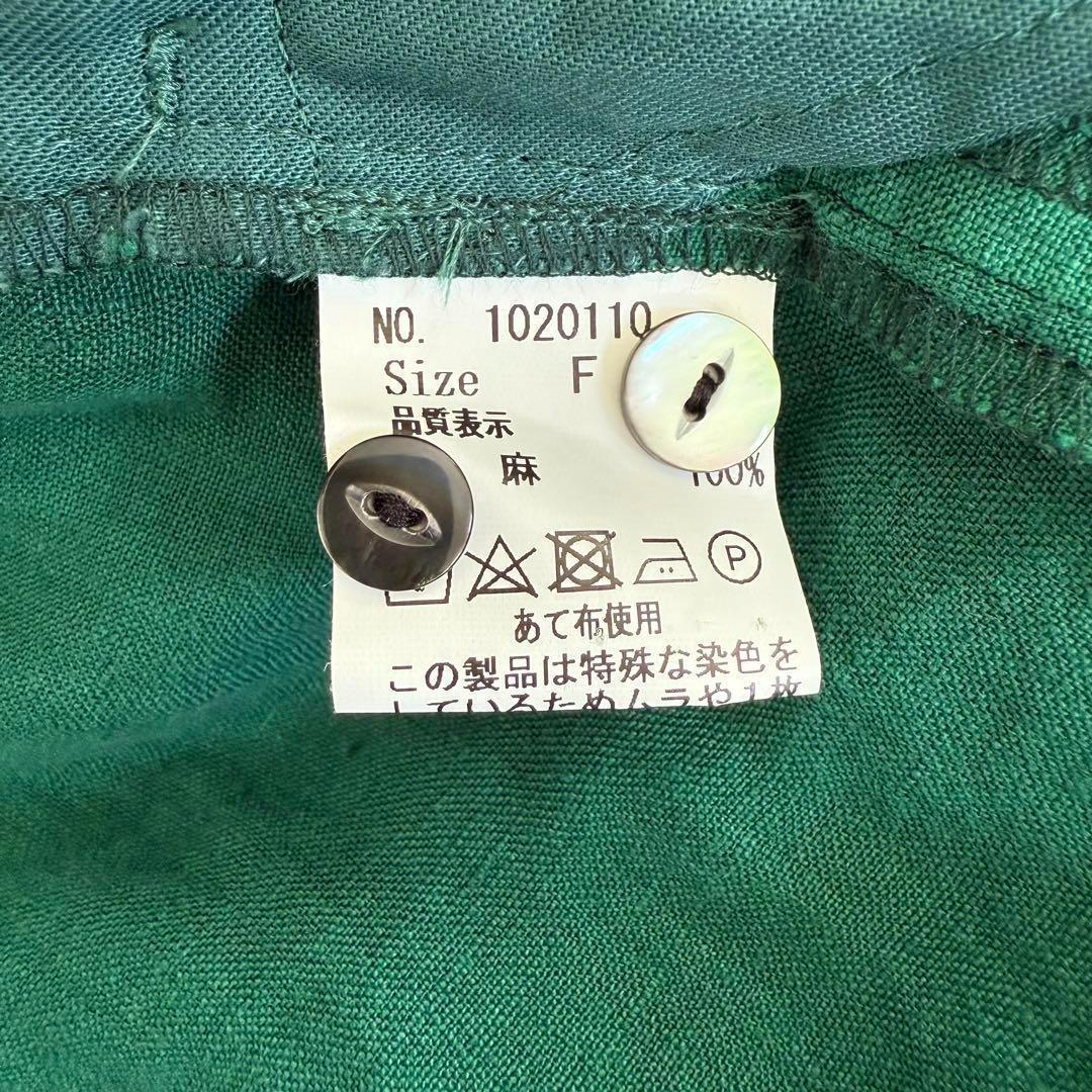 美品 リネン シャツ ロング ワンピース 半袖 バンドカラー