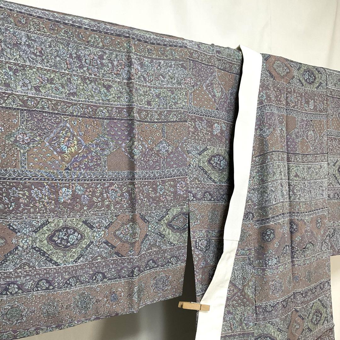 C454正絹　単衣　長襦袢　更紗文様　半衿付　バチ衿　極美品　着物 8,000円
