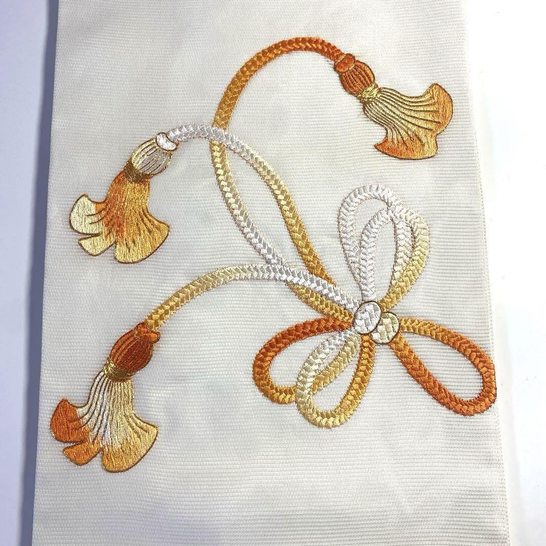 4k1460 名古屋帯　絹　夏帯　夏物　絽　唐織　紐　結び文　金駒刺繍　白　金色