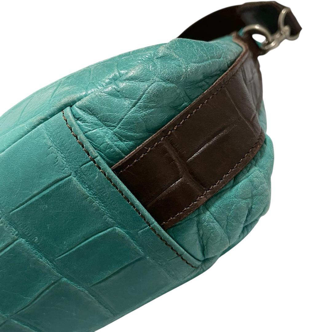 希少 ターコイズブルー クロコ型押しレザーショルダーバッグ メッセンジャー 本革