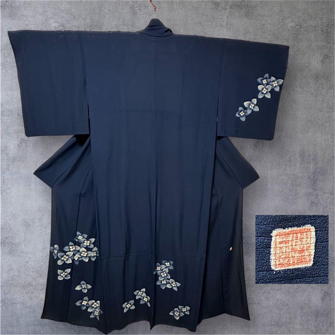 ★夏の濃紺、身幅広め訪問着‼️絽縮緬　単衣　夏物　正絹　大きいサイズ　作家物