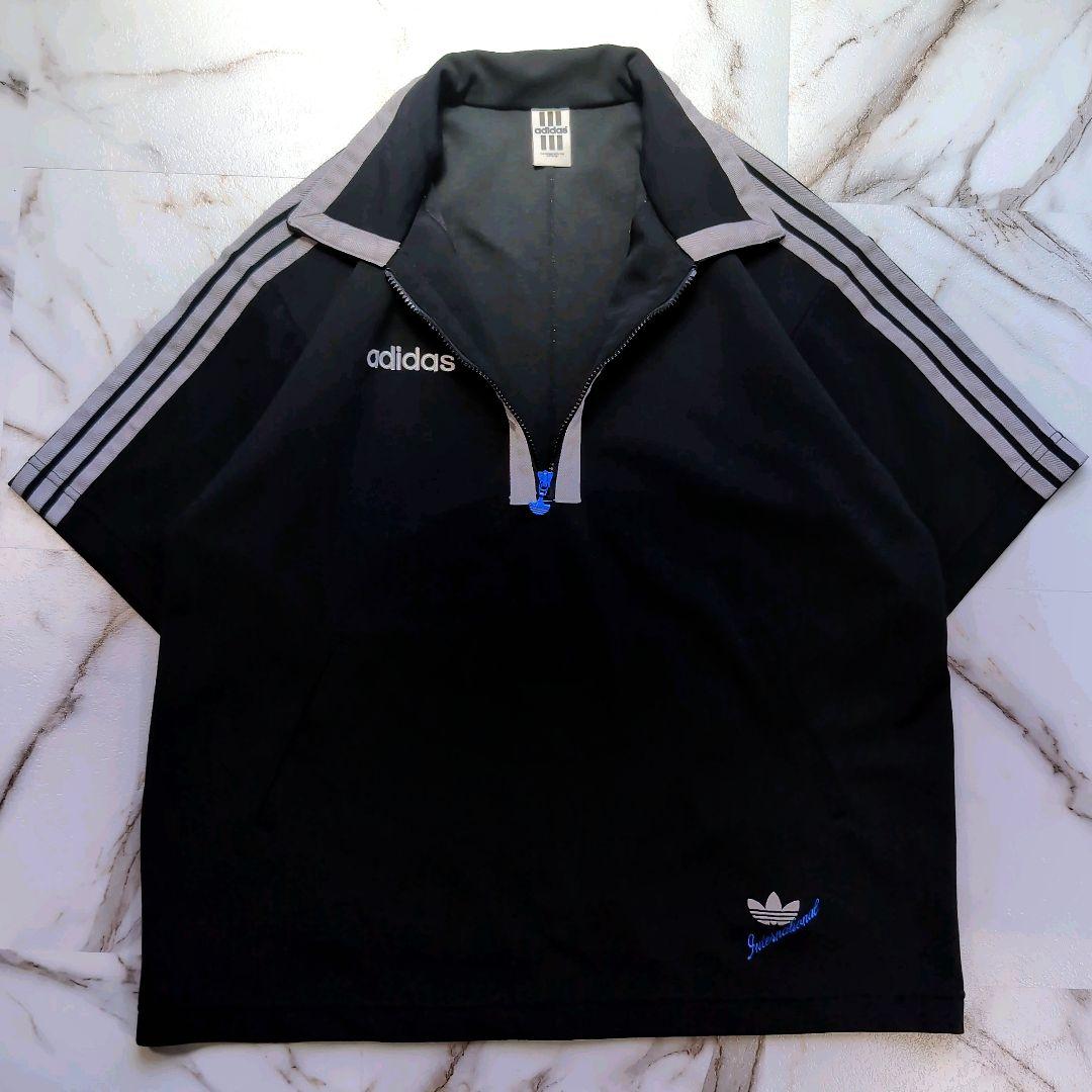 80~90s adidas ハーフジッププルオーバー L 黒 トレフォイルロゴ