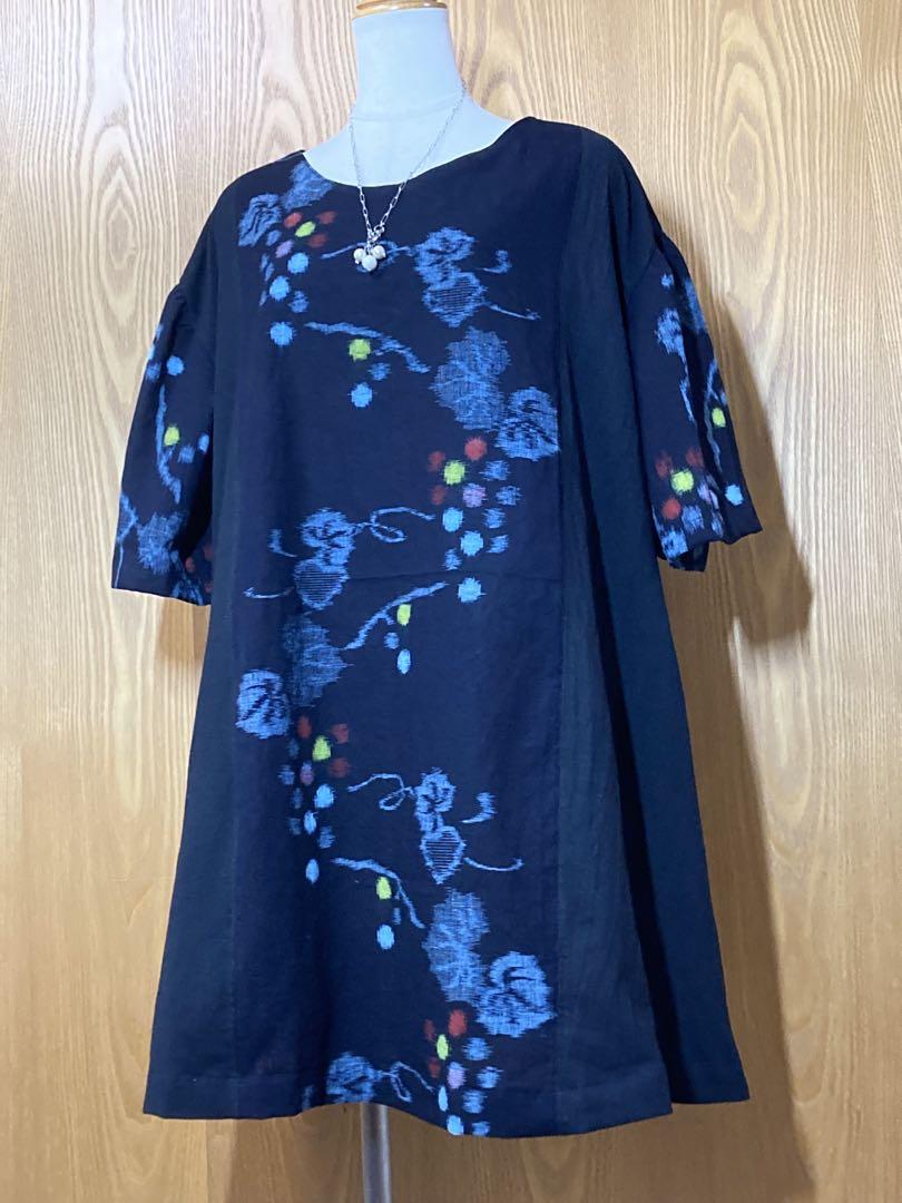 used綿着物と無地綿生地のチュニックワンピース（濃紺×黒）葡萄柄
