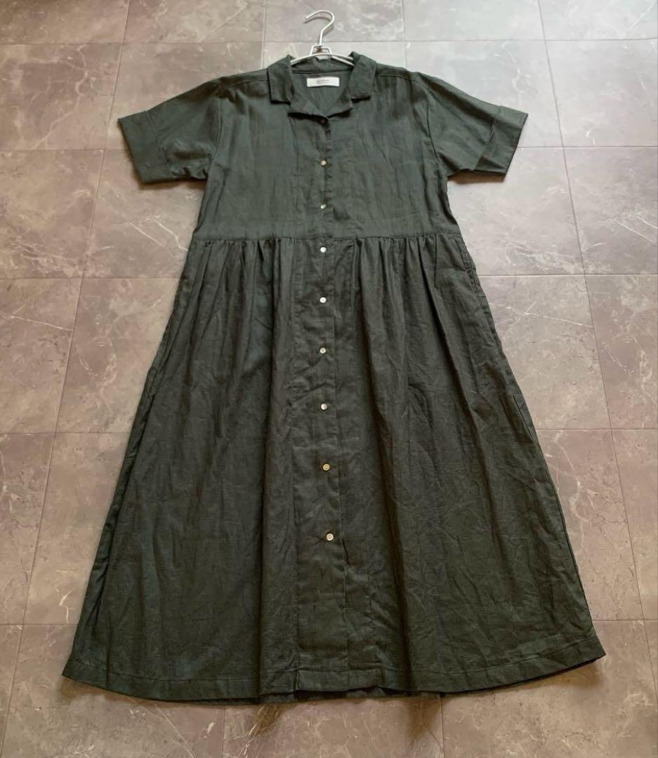 アパートメントデパートメント　リネン混ワンピース　ロング　カーキ　貝ボタン