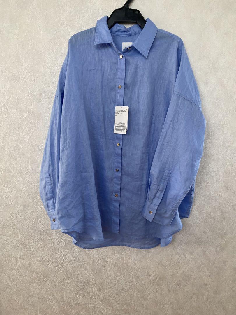 新品　タグ付き　80リネンカシュクールビッグシャツ　ブルー