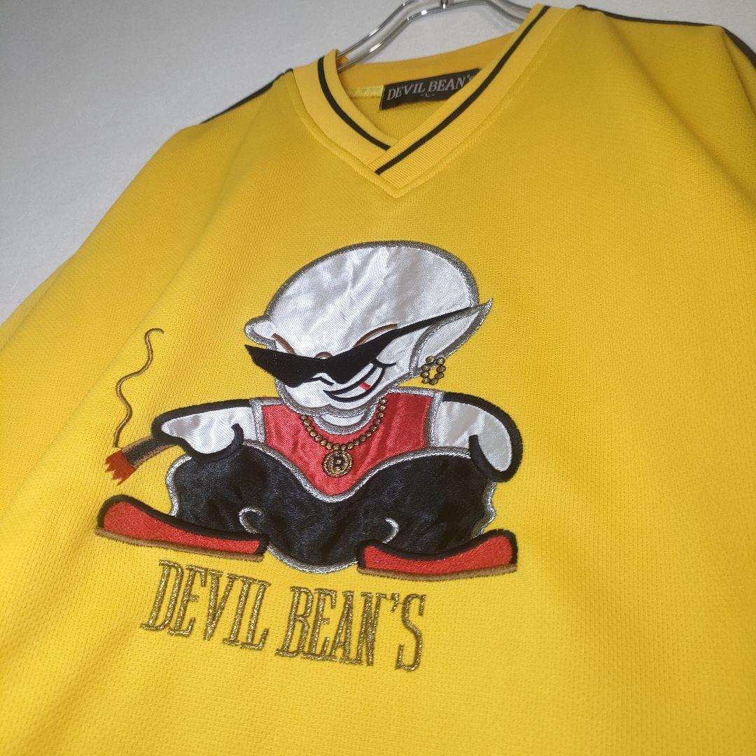 史上一番安い ジャージ BEAN'S DEVIL セットアップ 半袖 L 黄 刺繍 メッシュ アイドル
