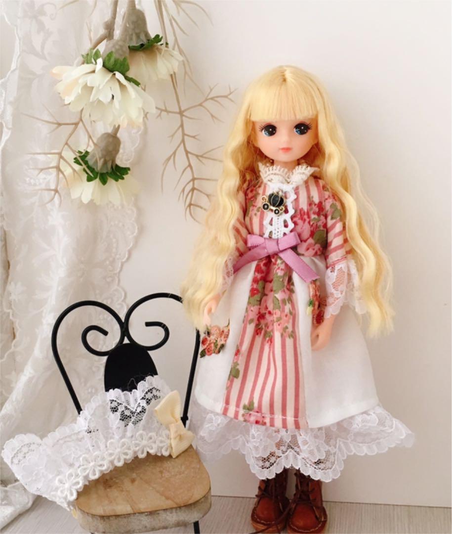 リカちゃん服 ピンクレース付きワンピースのハンドメイド 【オープニング