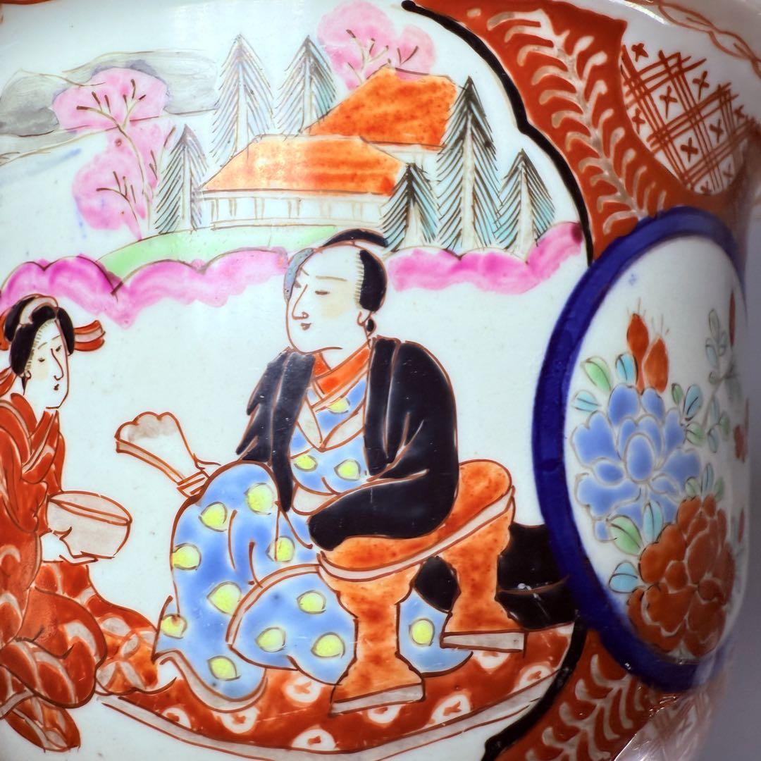明治～大正期　輸出向　有田焼　色絵人物図　窓絵　アンティーク　植木鉢