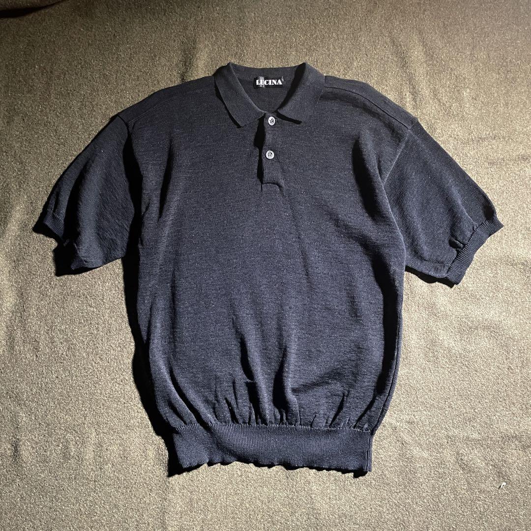 90s LUCINA コットン　サマーニット　半袖　ポロシャツ　L ブラック
