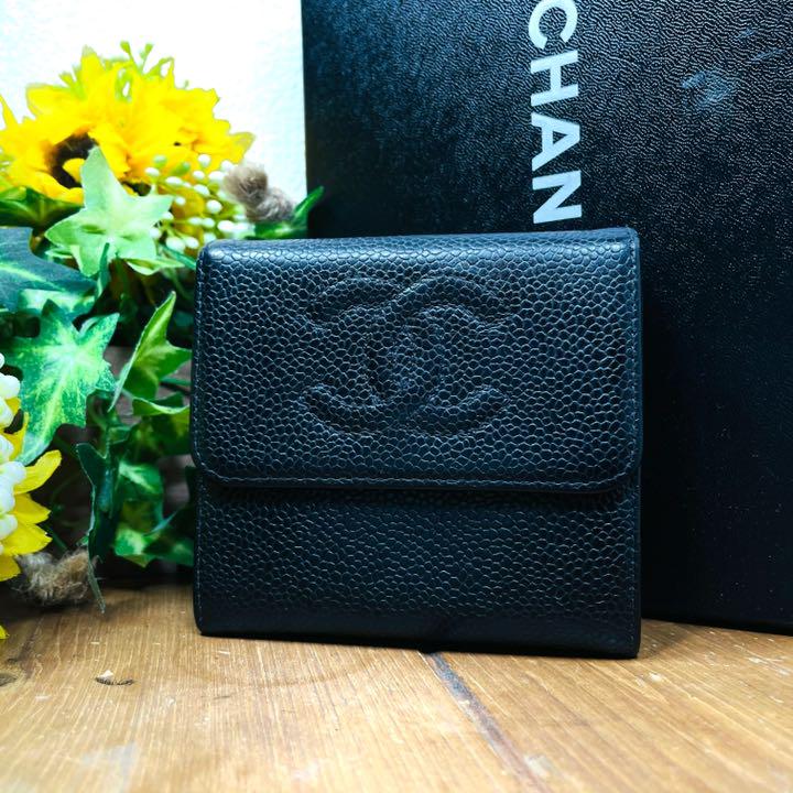 ✨美品✨】シャネル キャビアスキンレザー Wホック三つ折り財布 ...