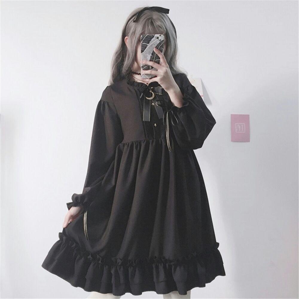 通販 COS ダーク 可愛い かわいいリボン 長袖 春秋季 黒いスカート ワンピース